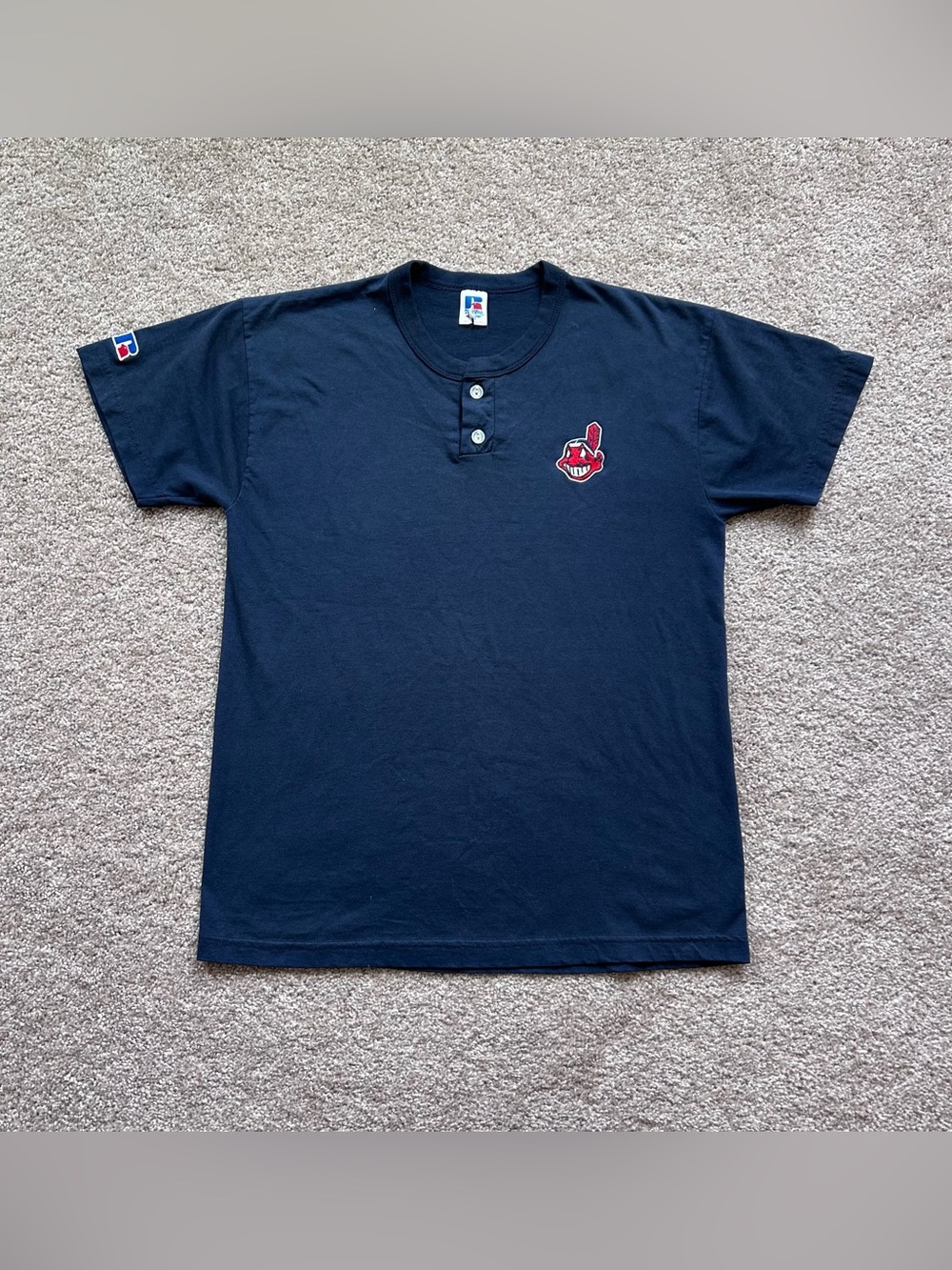 Vintage Cleveland Indians Russell Athletic Henley Shirt Navy Blue Chief Wahoo M - Picture 1 of 8